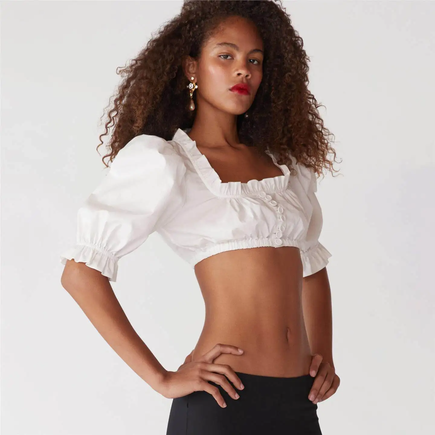 Sexy Crop Top Women's Casual Shirt Wooden  Decoration Buckle Belly Button Exposure Bubble Sleeve Short Length PU Material