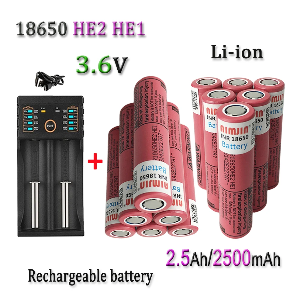 18650 HE2 HE1  3.6V 2500mAh Rechargeable Li-ion Battery With USB Charger For Us 18650 Toys Tools Flashlight Battery Etc