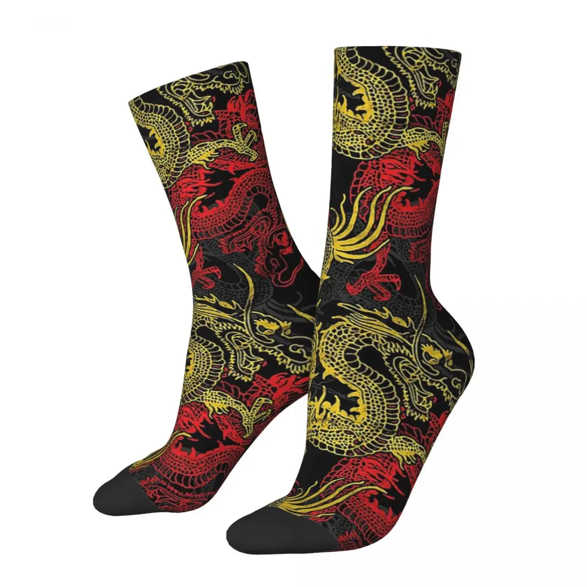 Chaussettes à col rond pour hommes et femmes, motif de dragon doré, bas de cyclisme, style chinois, nouveauté, printemps, été, automne, hiver, cadeau