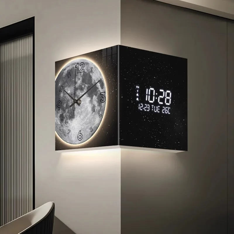 Living room corner clock, creative luminous wall clock, double-sided corner clock, perpetual calendar electronic clock