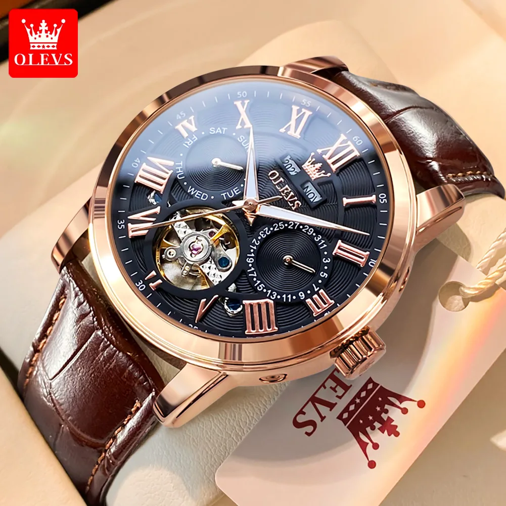 OLEVS Topmerk automatisch horloge voor heren chronograaf maanfase kalender lederen band heren quartz horloge waterdicht polshorloge