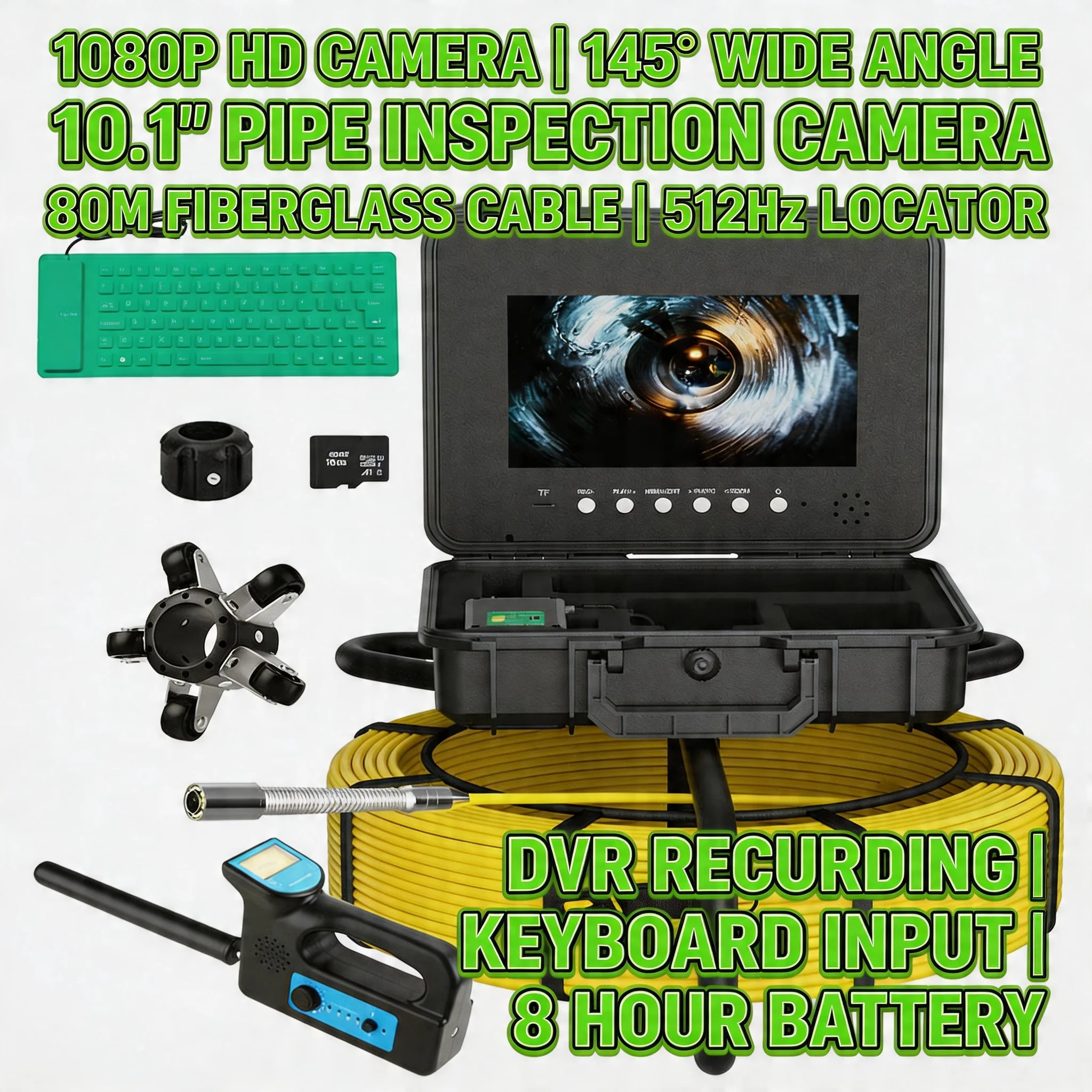 

10-дюймовая канализационная камера с локатором, счетчиком счетчиков, видеорегистратором, трубная камера 7 мм для проверки дренажа в сантехнике, автоматическое самовыравнивание, 512 Гц, ahd 1080P