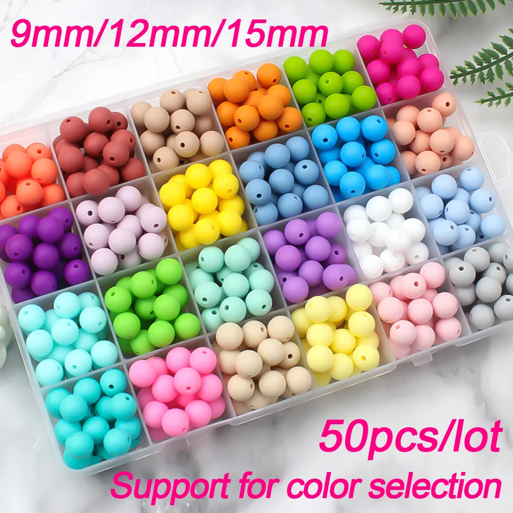 50Pcs/Lot 15mm 9mm 12mm Silicone Beads for DIY KeyChains Jewelry Making Pen Necklace Bracelet Round Loose Beads Choose Color