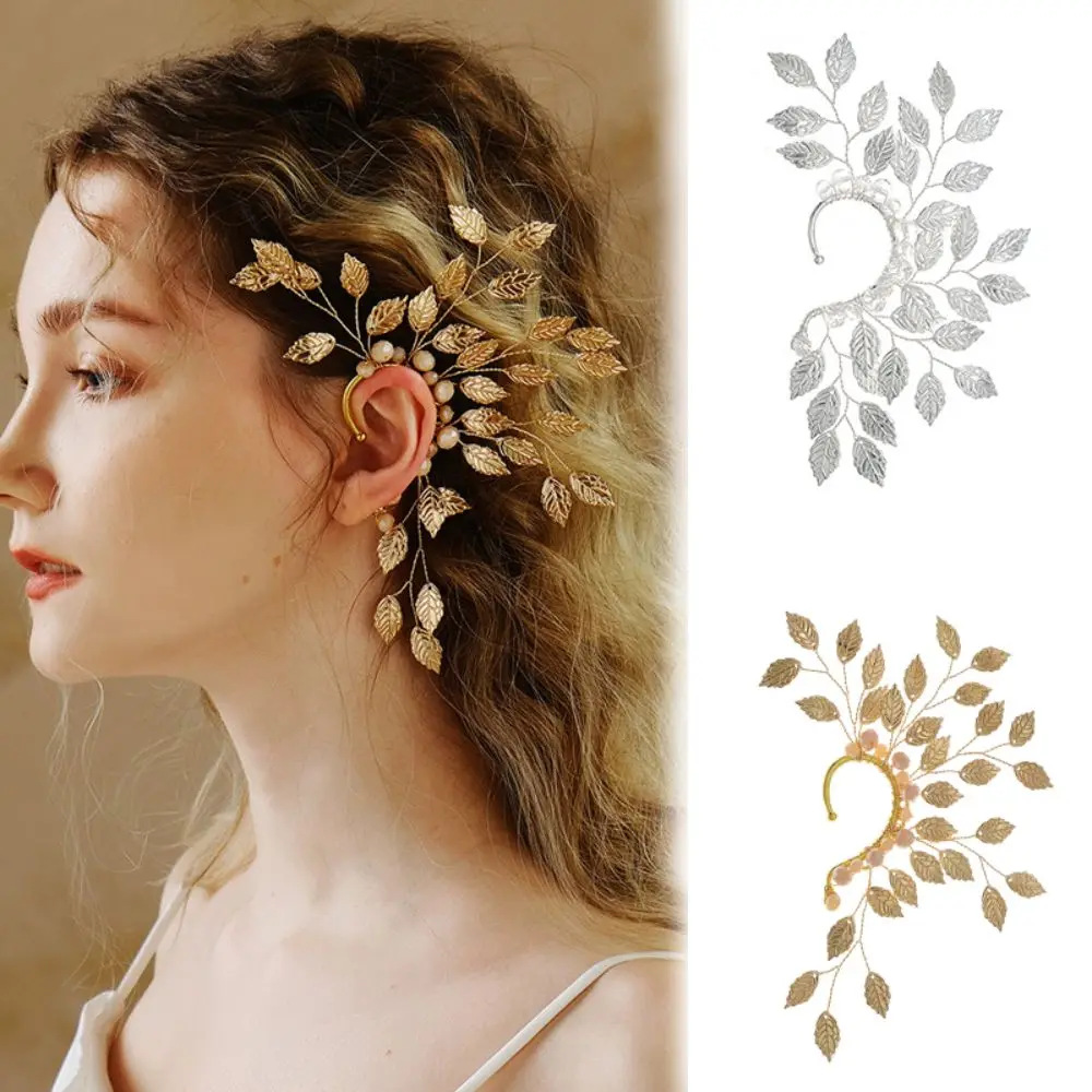 Classic Pearl Crystal Leaf Earrings Left ear style Metal Ear Cuff Shiny Exaggerated Personality Ear Hooks Performance Jewelry