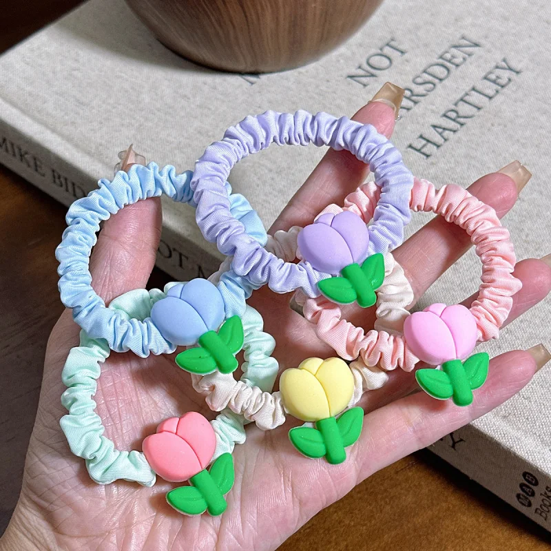 

Cute Girly Heart Tulip Flower Hair Tie Ice Silk Small Intestine Hair Ring High Elasticity Rubber Band Ponytail Hair Rope Hair Ac