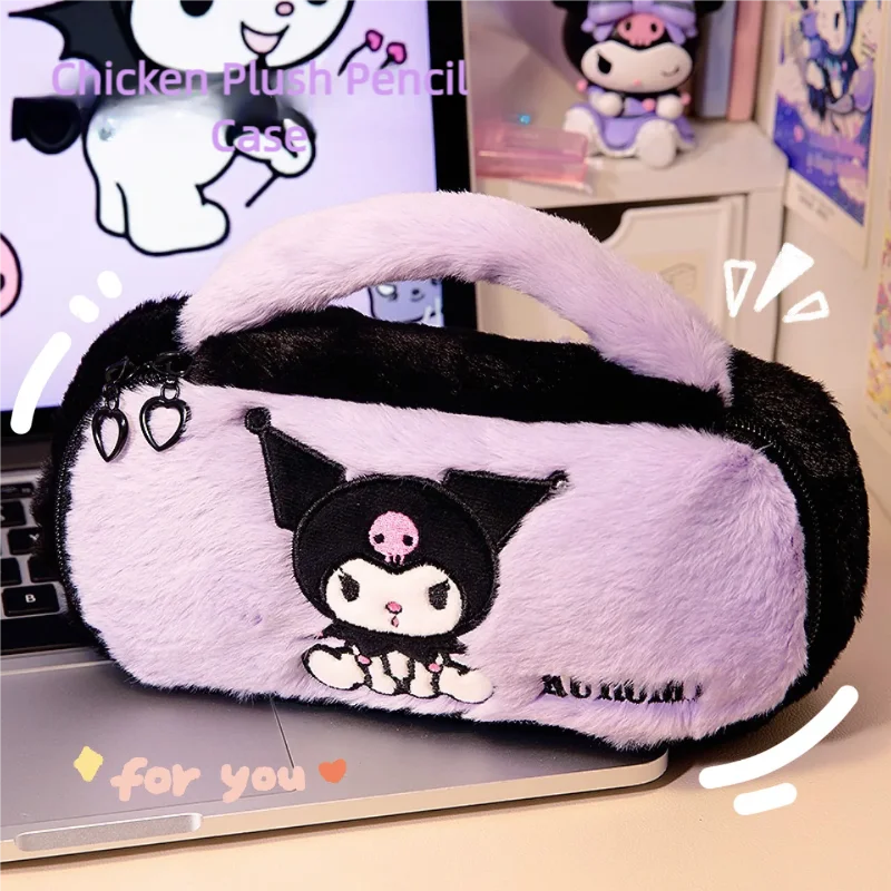 Sanrio Cute Kuromi Plush Pencil Case New Arrival for Girls Large Capacity Stationery Pencil Box