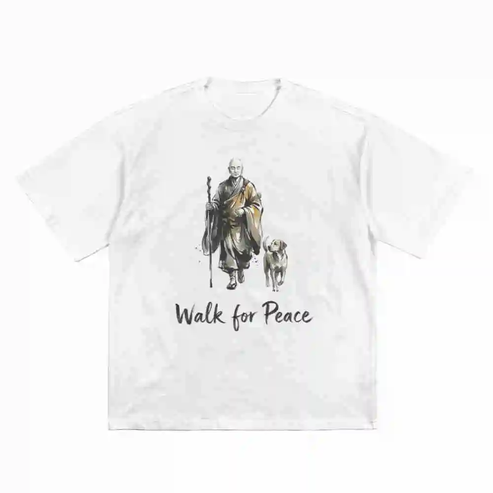 Monk Dog Zen Art Walk For Peace Serene Meditating Monks Calm Short Sleeve Tee 100% Cotton T-Shirt