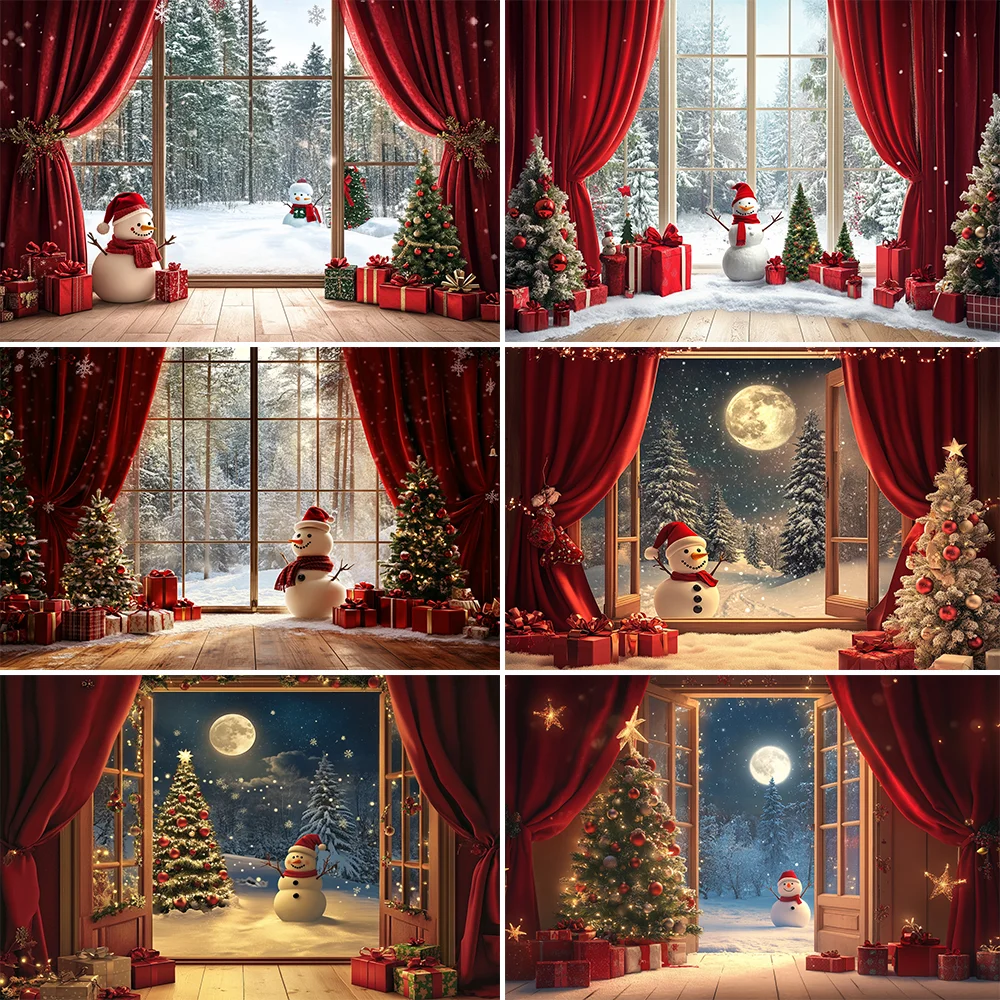 

Christmas Photography Background Winter Window Xmas Tree Bear Gift Family Party Decoration Kids Portrait Backdrops Photo Props
