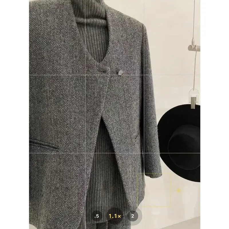 Alta qualidade feminino escritório cinza tweed terno casaco e meia saia outono recém chegados chique commute elegante conjunto de duas peças