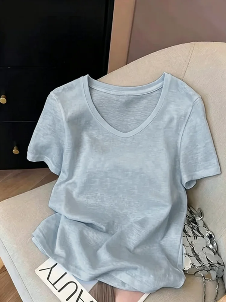 Ice Silk Snowflake Cotton Short Sleeve T-Shirt Women's Loose Thin V-Neck  Color Slimming Top Summer New Style plus Size