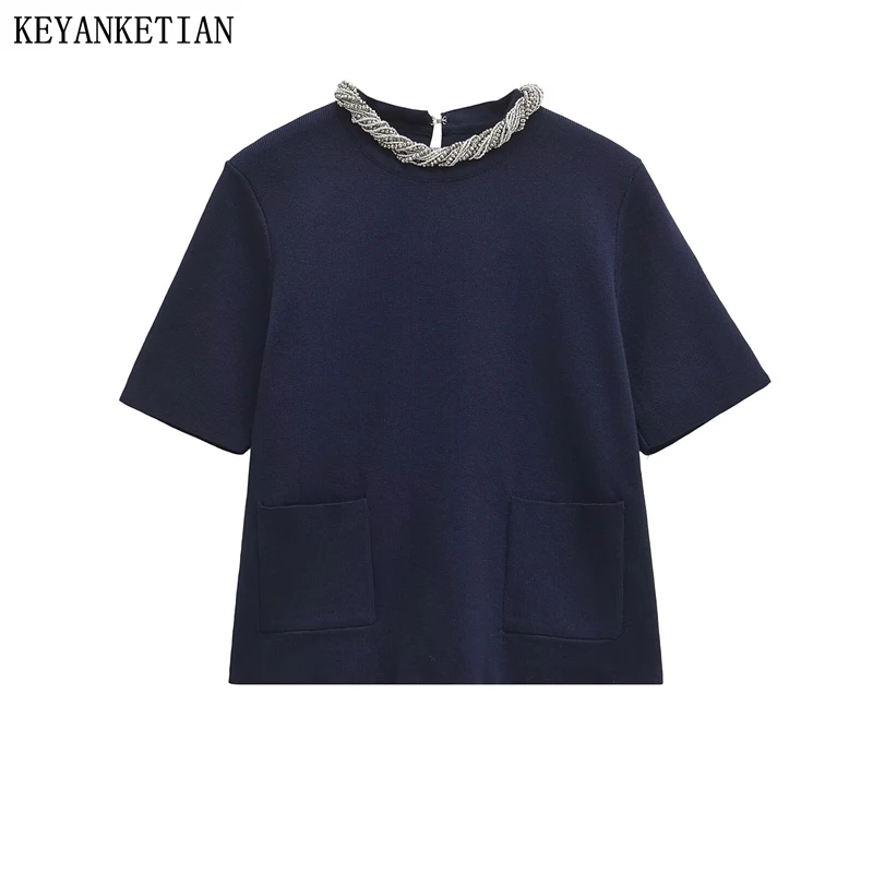 

KEYANKETIAN 2024 New Women's Beading Decoration O-Neck Short Sleeve Knitted Top Fashion Double Pockets Slim Pullover Sweater