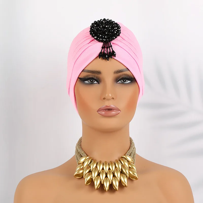 

Women Pleated Chemo Cap Muslim Hijab Beads Tassel Headscarf Indian Turban Hat Beanies Bonnet Hair Loss Headwear African Headties