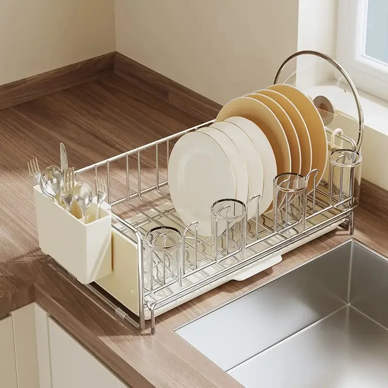 Expandable Kitchen Countertop Dish Rack with Cup Holder, Utensil Organizer and Cutting Board Stand, Sink Side Drying Rack