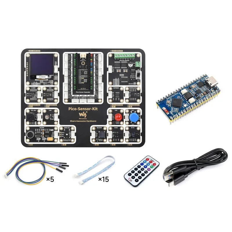 Raspberry Pi Pico Entry-Level Sensor Kit, Including Pico Expansion Board and 15 common modules, All-in-one design