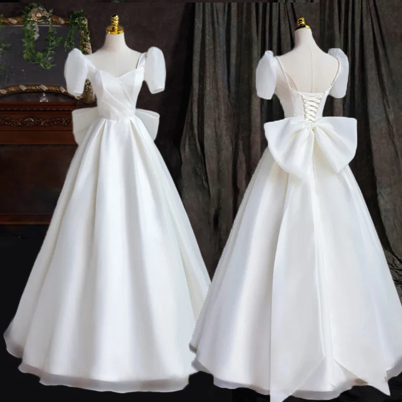 

New Women Summer Elegant Wedding Bride Dress Korean Fashion White Simple Big Bow Bandage A-Line Party Dress Female Vestidos