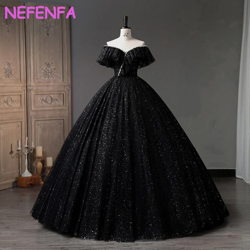 

New Black Ball Gown Simple Luxury Bling Shining Dresses Classic Off The Shoulder Floor-length Puffy Dresses For Prom Formal