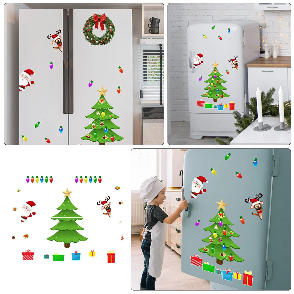 Christmas Fridge Magnets Santa Magnetic Stickers Tree Refrigerator Xmas Reflective Bulb Light Decals