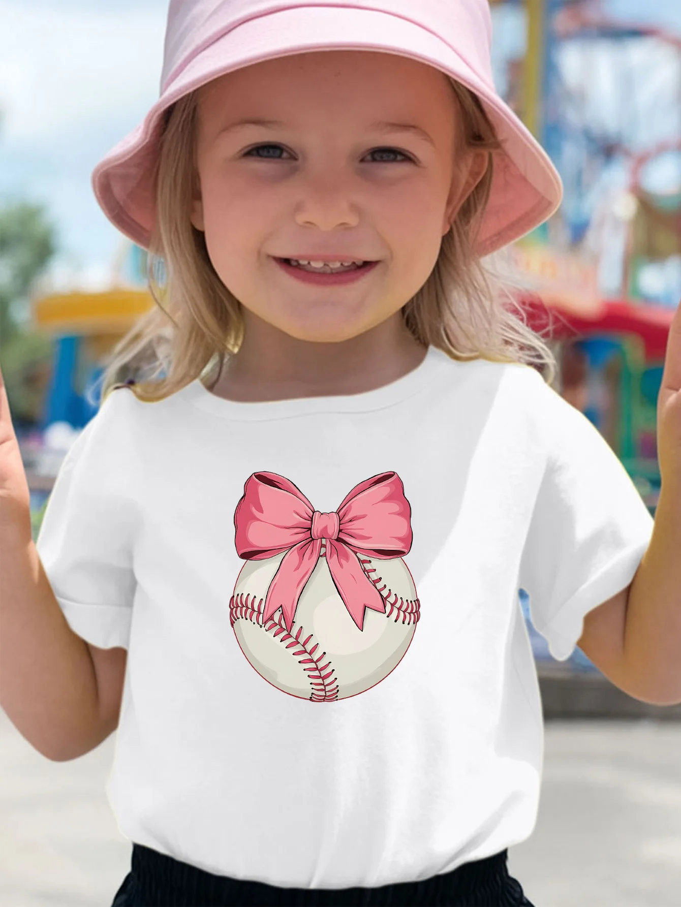 Cute Baseball With Pink Bow Lovely Girly Print Kids Tee Boys Girls Cotton Summer Soft Casual Unisex Kids Short Sleeve Shirts