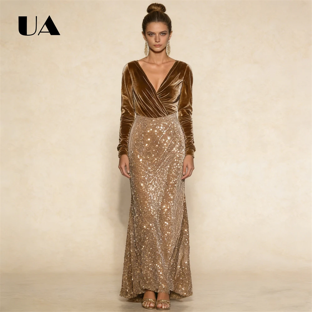 ULBYANRY 2026 Spring New Velvet Maxi Dress for Women, Sequined Sheath Long Evening Dresses Tailored Size Elegant V Neck Dress