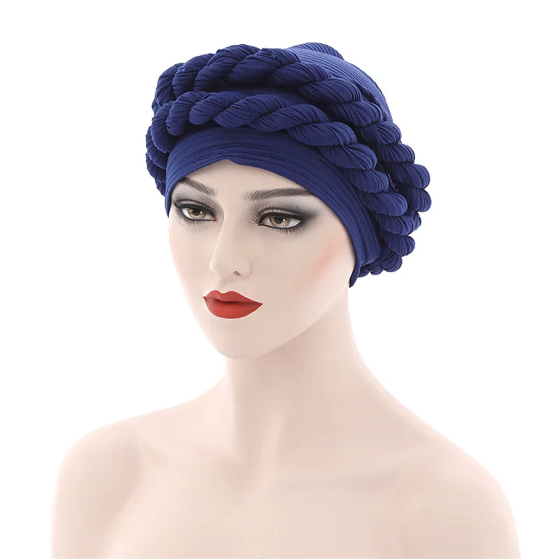 Solid Color Double Braids Turban Caps for Women Rippled Muslim Headwear Braid Hat Islamic Female Head Wrap Bonnet Turbante Mujer