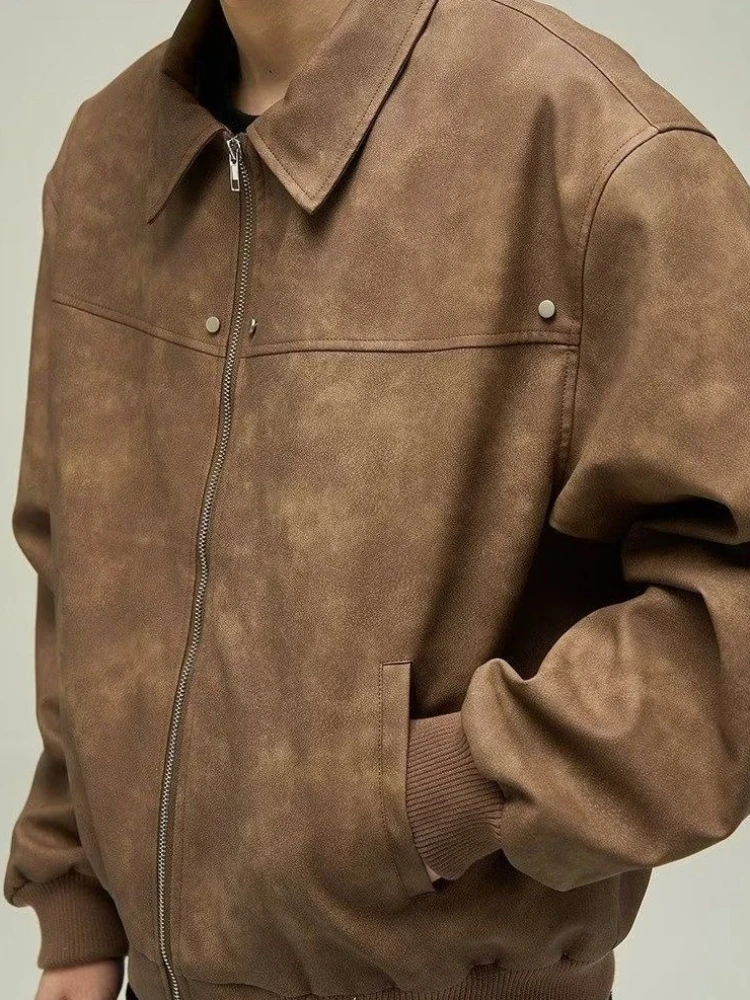 

Unisex Couple Motorcycle Jacket Retro Brown Leather Flight Coat 2025 Winter Streetwear Trend​