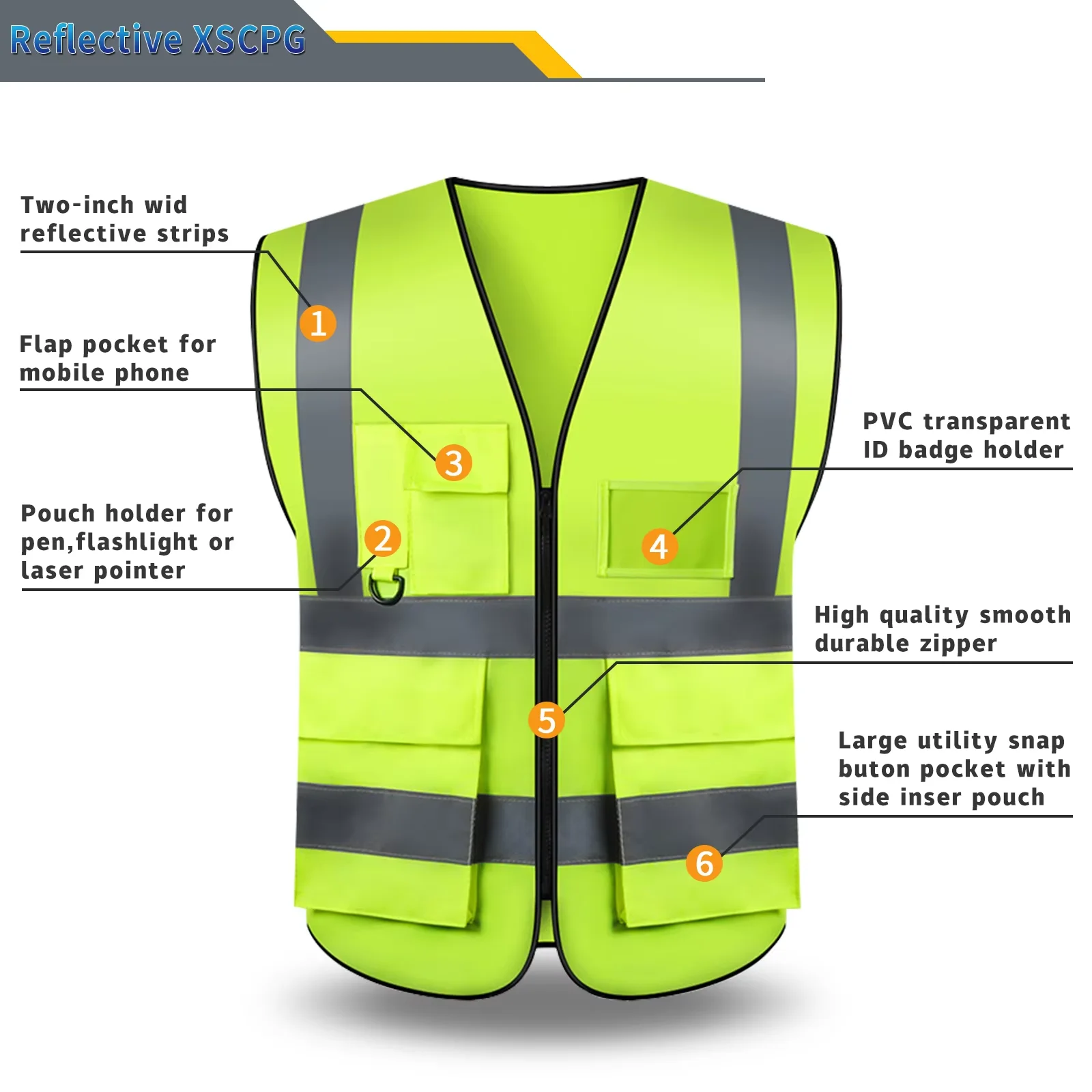 Chaleco de seguridad reflectante de alta visibilidad, ropa de trabajo de seguridad personalizada con múltiples bolsillos para conducción nocturna y trabajadores de la construcción