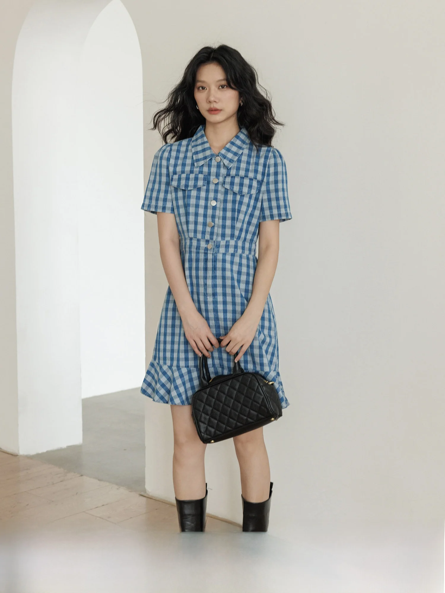 

Летнее повседневное женское платье в клетку с коротким рукавом, юбка-«рыбий хвост», А-силуэт, стройнящее, из смесового хлопка, для города и офиса