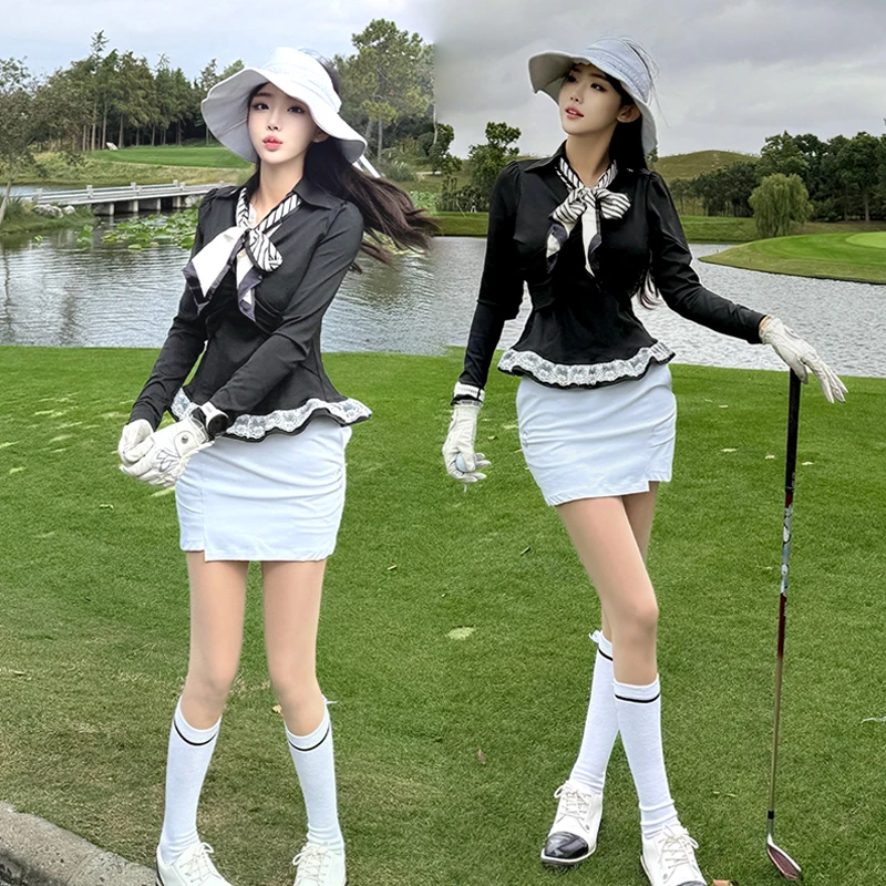 SG Women's Lace Long Sleeve Shirt Ladies Short Pencil Skirt Ruffle V-neck Polo Tops Ladies Slim Short Skort Female Golf Outfit