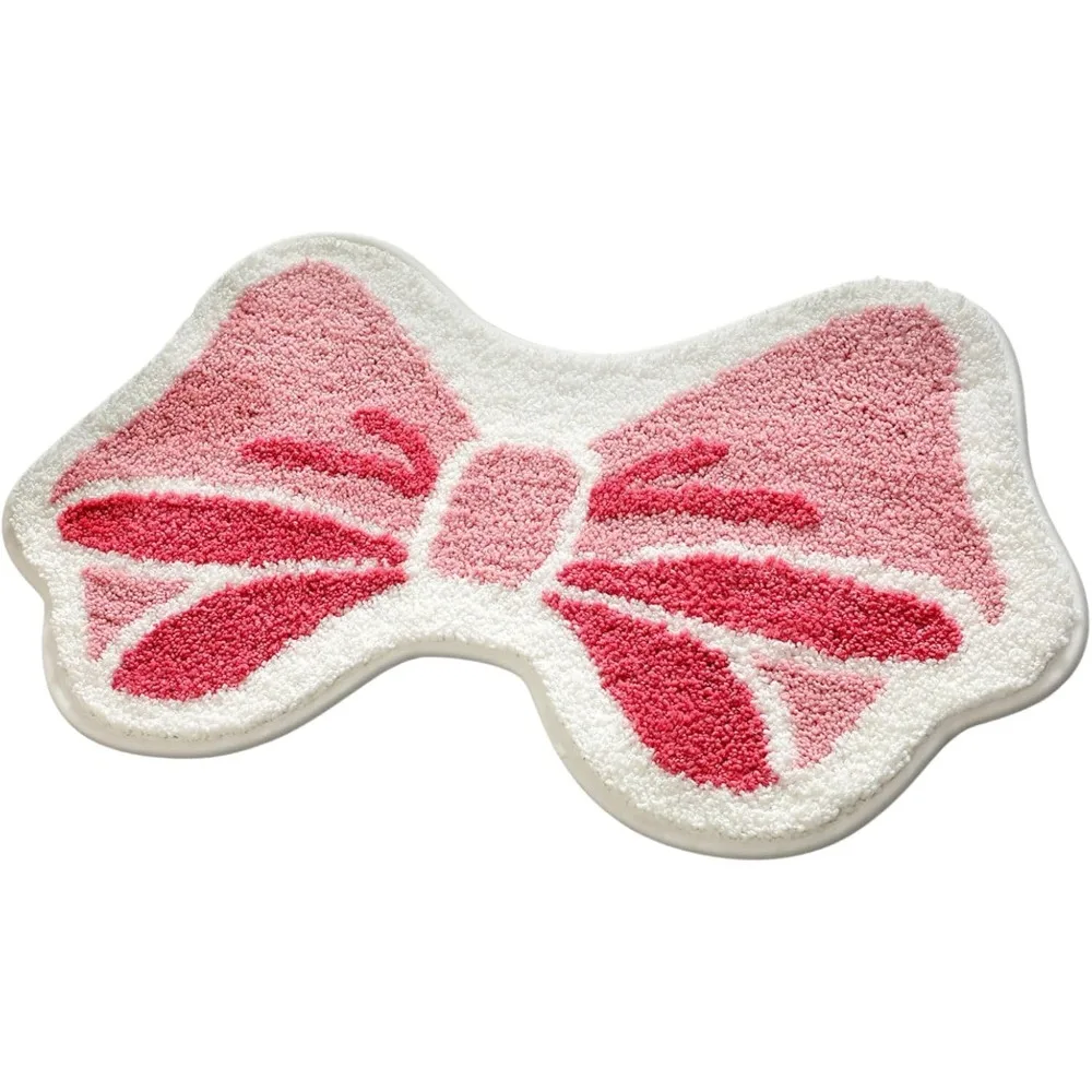 푹신한 핑크색 리본 욕실 매트, 19.6x31.5인치 불규칙한 모양, 미끄럼 방지 및 높은 흡수력, 욕실 및 침실용