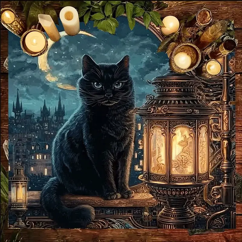 Vintage Gothic Cat Scene Square Tablecloth Dark Academia Witchy Aesthetic Halloween Decor Tapestry Print