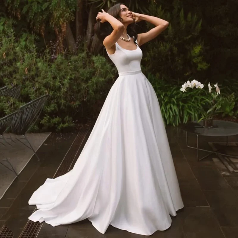 Hot Sell White Cheap Wedding Dress 2024 Square Satin Bridal Dresses Women Backless Beach Wedding Gowns Boho Robe De Mariee