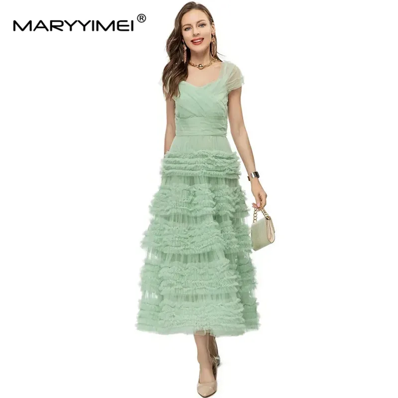 MARYYIMEI Fashion Designer dress Summer Women Dress Solid Color Square Collar Net Yarn Cascading Flounces Big Swing Long Dress