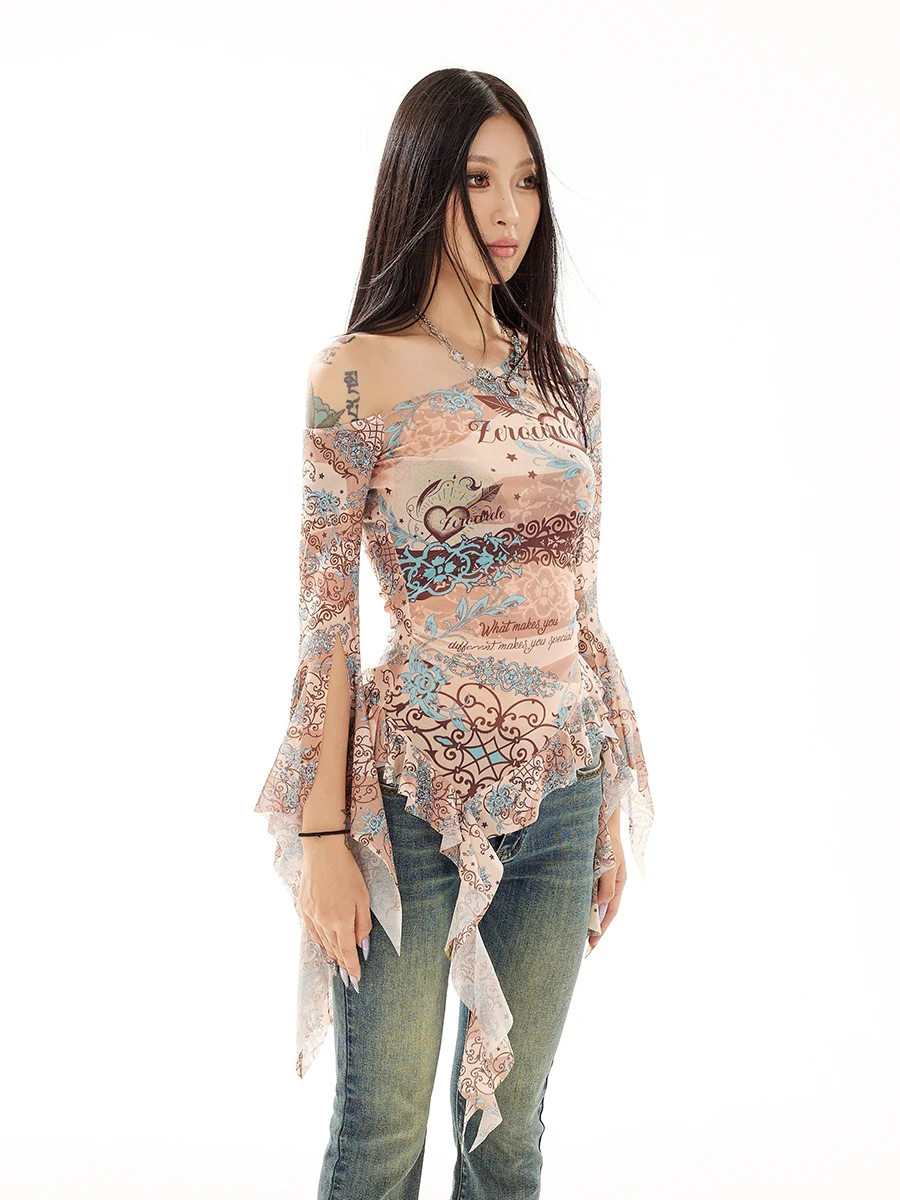 ReddaChic Boho Totem Print Women T-shirt Slim Ruffle Hem Split Flare Sleeves Slant Shoulder Asymmetric Top Retro Summer Clothes