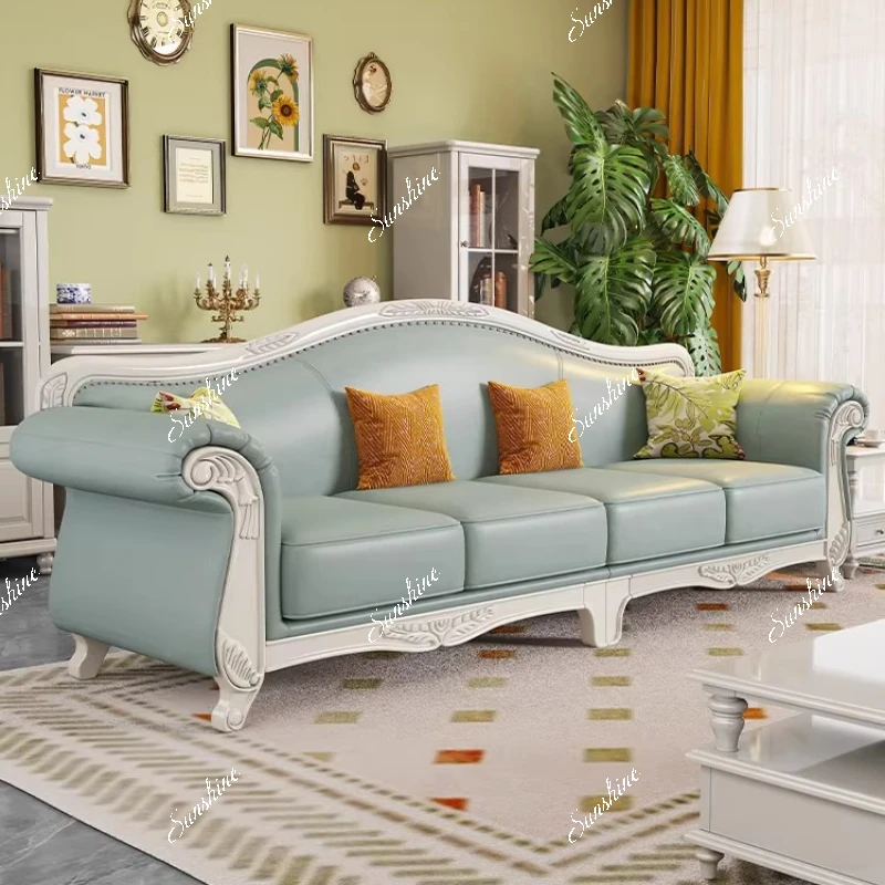 Living room white retro solid wood leather sofa top layer cowhide 123 combination