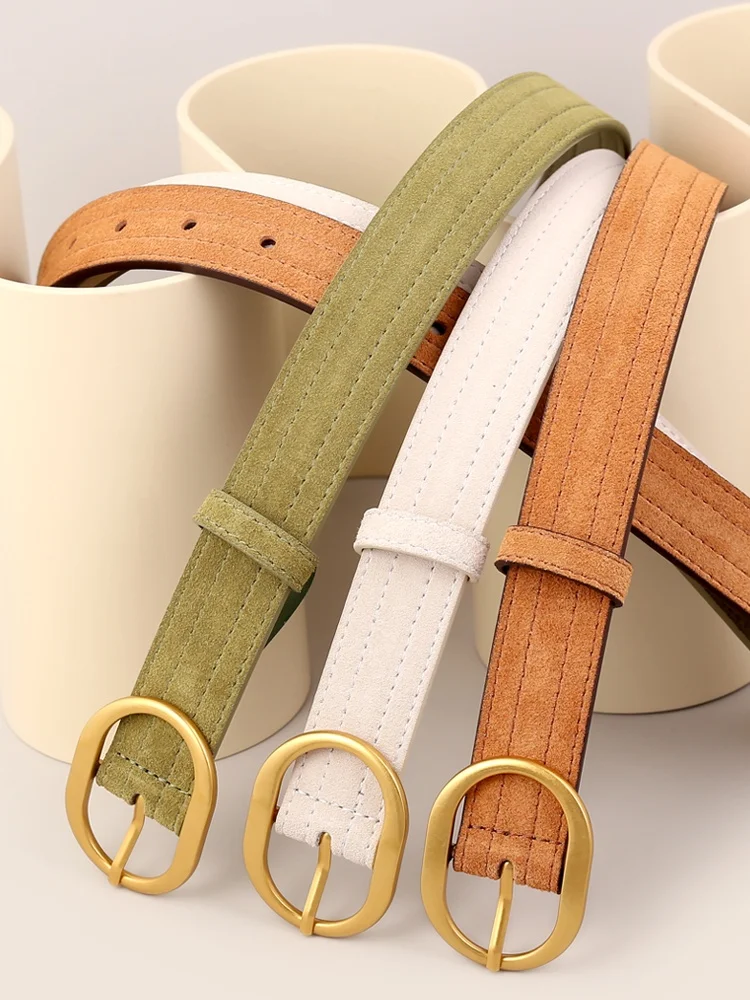 新しい女性の本革ベルト楕円形のバックルシンプルなマッチングマットベルベット表面装飾ドレススーツウエストベルト