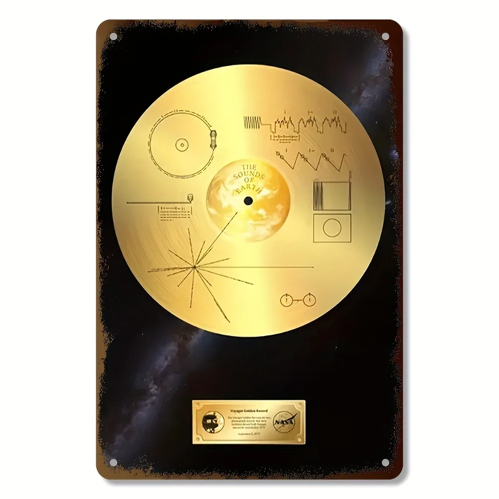 Retro Space Voyager Golden Record Metallschild, 20,3 x 30,5 cm, lichtbeständige Eisen-Wandkunst, Dekoration für Zuhause, Büro, Café