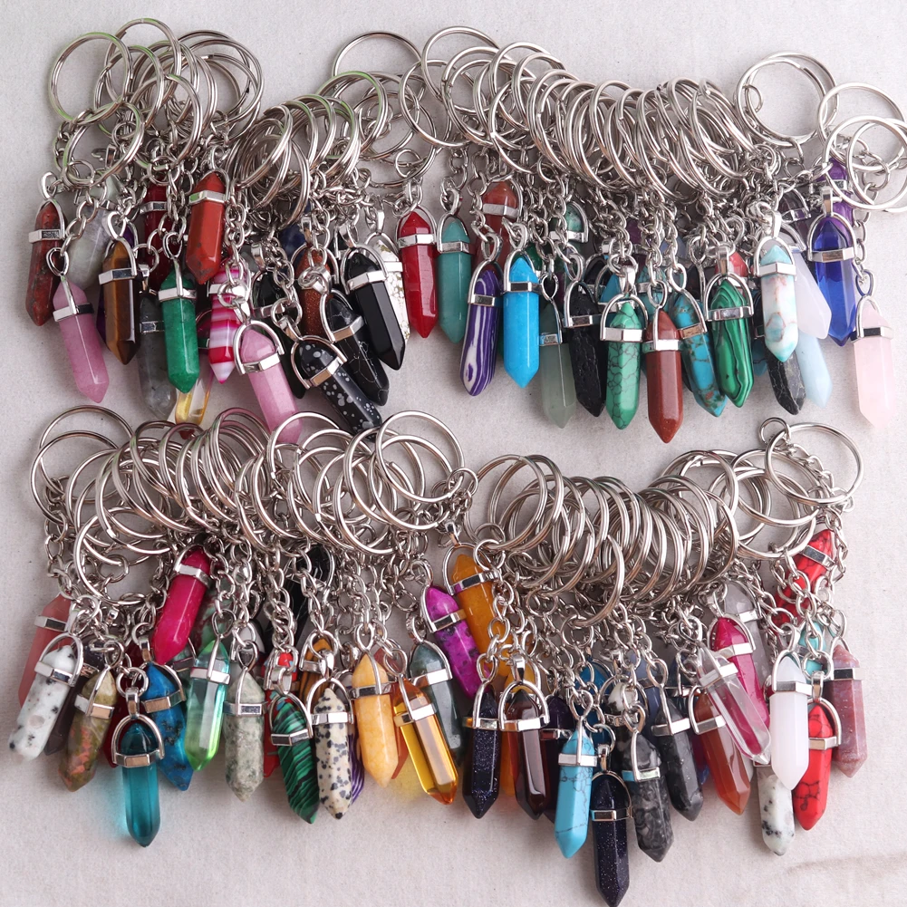 

100pcs/lot Natural Stone Bullet Hexagonal Keychain Pendant Healing Energy Jewelry Pendulum Bulk Wholesale Items For Business