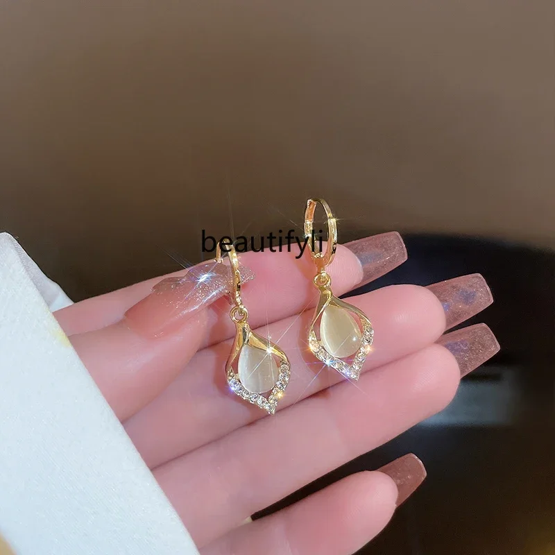 Light luxury high-end opal earrings, new angel tear ear hook design sterling silver earrings