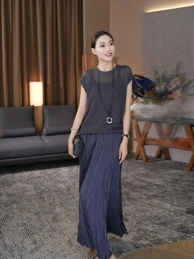 

Faion Textured Pleated High Waist Midi A-Line Skirt Women's Summer New Sle Casual Polyester Fiber Skirt by Zhou Zhou