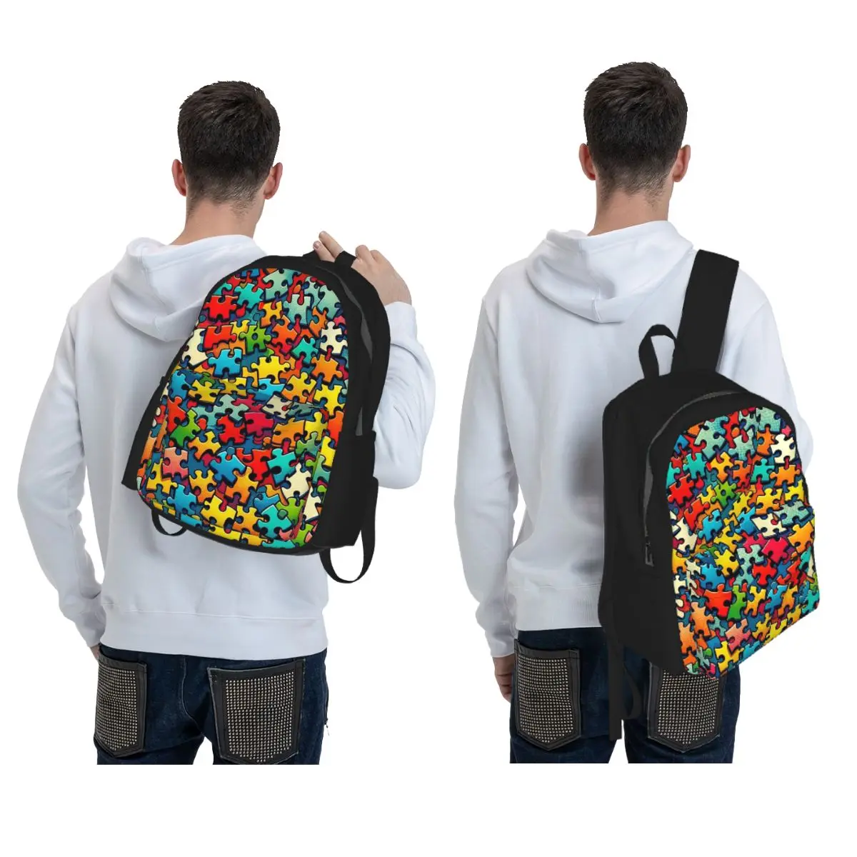 Autism Awareness Colorful Puzzle Piece Print Backpack Daypack Large Capacity Kids BookBag School Bag Shoulder Bags for Men Women