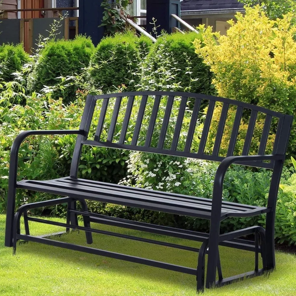 

Outdoor Glider Swing, Garden Bench with Cast Iron Seat & Armrests, Steel Frame - 50" wide, for Porch, Deck