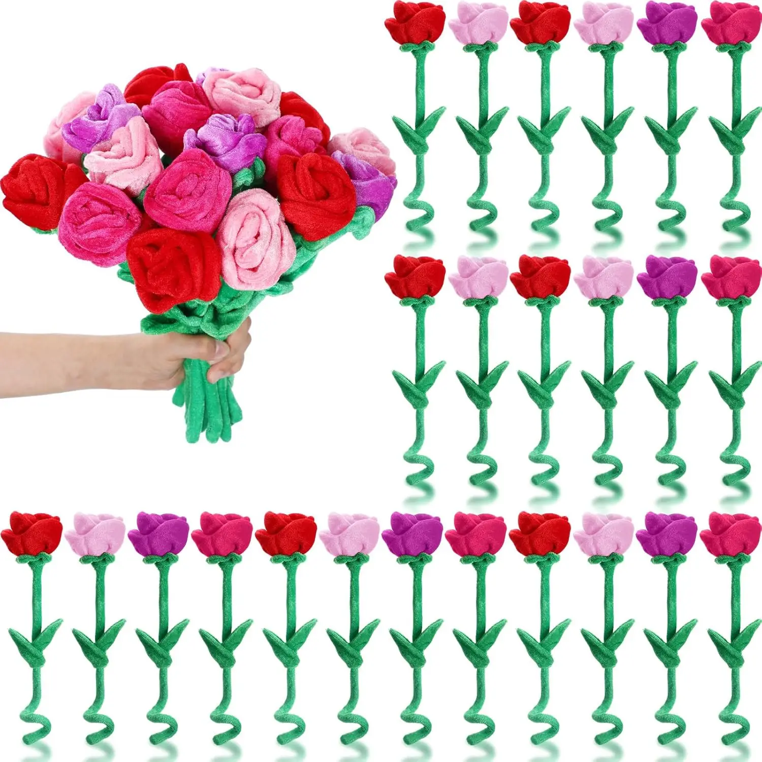 10-30Pcs Plush Rose Flower Stuffed Flower Bendable Stems Plush Bouquet Toy Soft Rose Flower for Classroom Valentines Day Girl