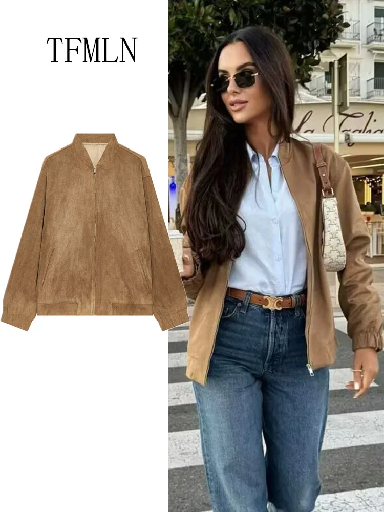 New Causal Zipper Bomber Jackets For Women High Street Loose O-neck Long Sleeve Coats Vintage Solid Outwear 2026 Autumn