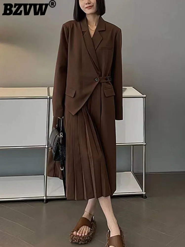 

BZVW Vintage Fake Two Piece Pleated Blazers Dresses Women's 2023 Autumn New Loose Temperament Casual Dress Female Tide 25X3552