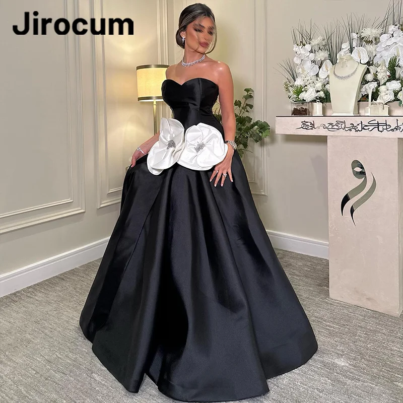 Jirocum sexy a linha vestidos de baile querida preto branco floral frisado vestido de noite até o chão personalizado vestido de ocasião formal