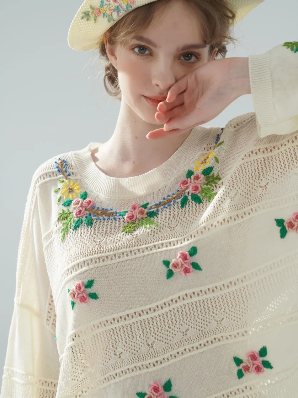128cm Bust Spring Oversized Pullovers Sweaters Women Elegant Hand-Embroidered 3D French Embroidery Loose Lyocell Knit Sweaters