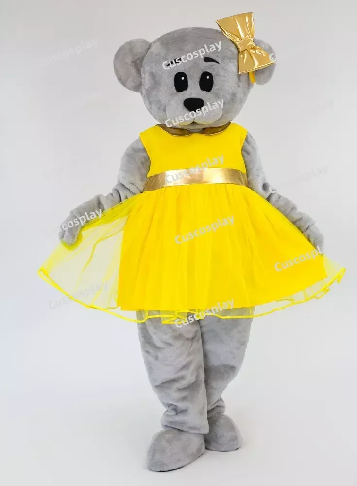 فستان أصفر رمادي تيدي بير زي التميمة شخصية ملاهي Funfair الرسوم المتحركة فستان بتصميم حالم حفلة عيد الهالوين