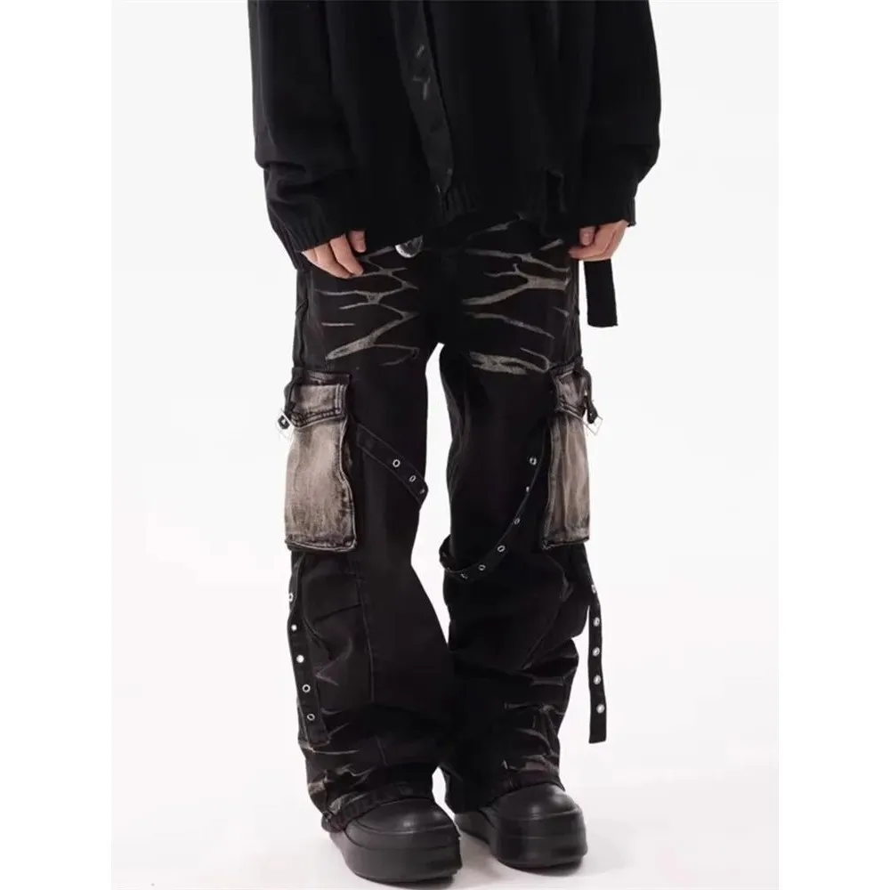 

2025 Cyber Y2K Setwear Ripple Strap Baggy Cargo Jeans Pants Cleanfit Nylon Fiber ex Dstring Waist Resistant Deformation