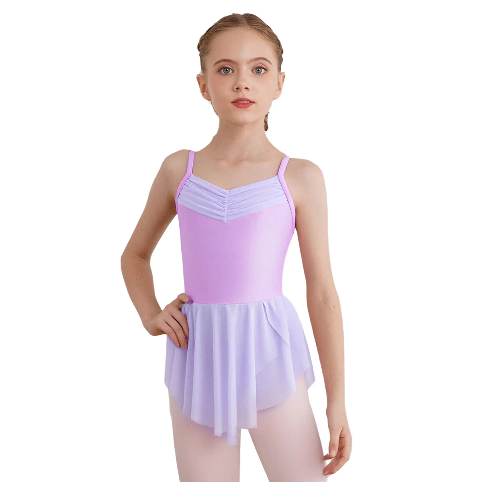 Robe justaucorps de Ballet pour filles, Costume de spectacle de ballerine, froncé, col en v, bretelles Spaghetti, fente latérale, vêtements de danse de gymnastique