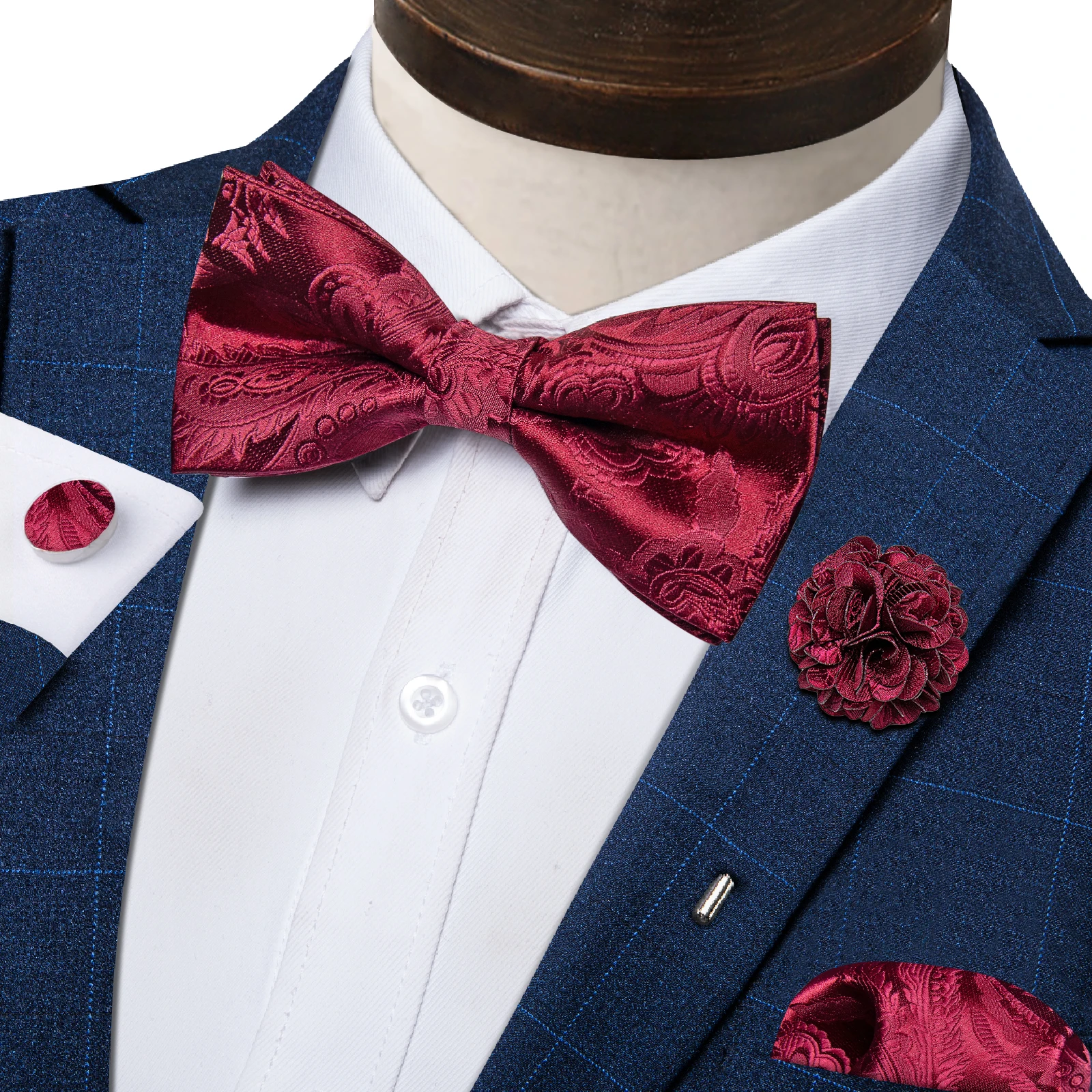 Hochzeitsfliege für Herren, klassisch rot, vorgebundene Fliege, Manschettenknöpfe, Ansteckblume, Set für Partys, Schmetterlingsknoten, Geschenk, Herren-Accessoires – Detail 15